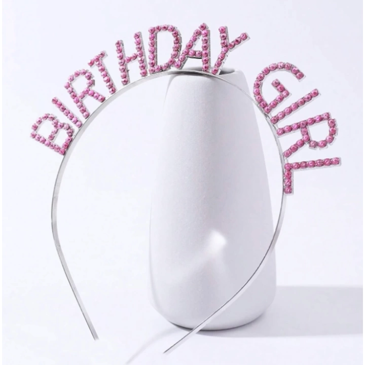 Pembe Renk Kristal Taşlı Parlak Birthday Girl Yazılı Taç 16x17 Cm