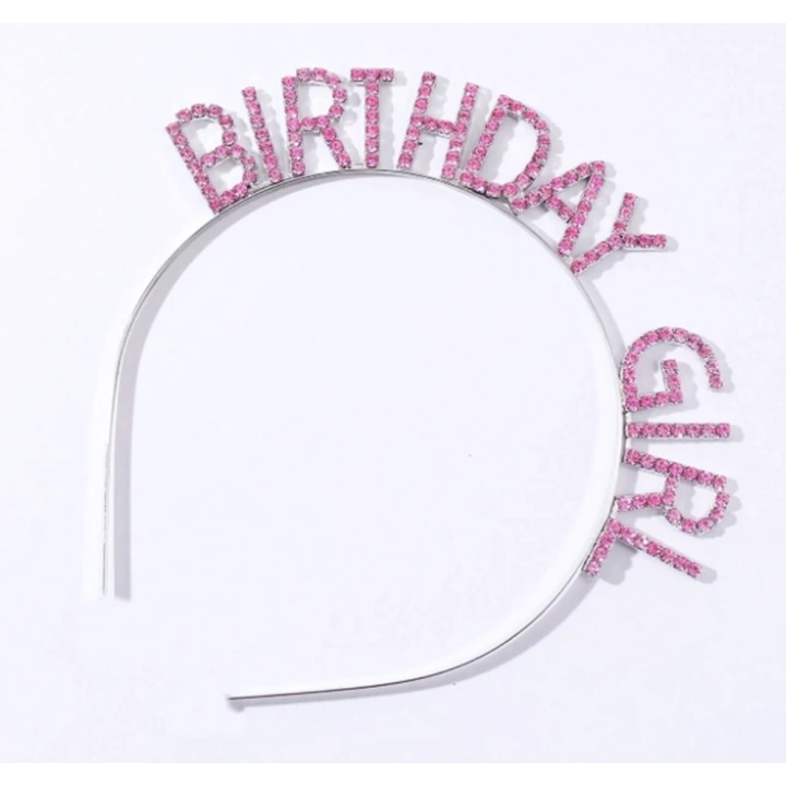 Pembe Renk Kristal Taşlı Parlak Birthday Girl Yazılı Taç 16x17 Cm