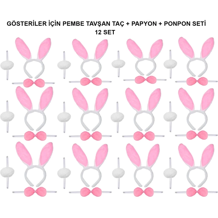 Pembe Tavşan Kostüm Seti – Taç, Papyon, Ponpon (12’li Paket)