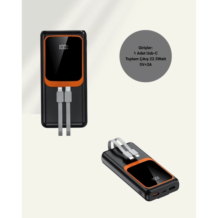 Powerbank 20000 mAh | 22.5W Hızlı Şarj, Dahili Kablolu, LCD Ekranlı Şarj Cihazı