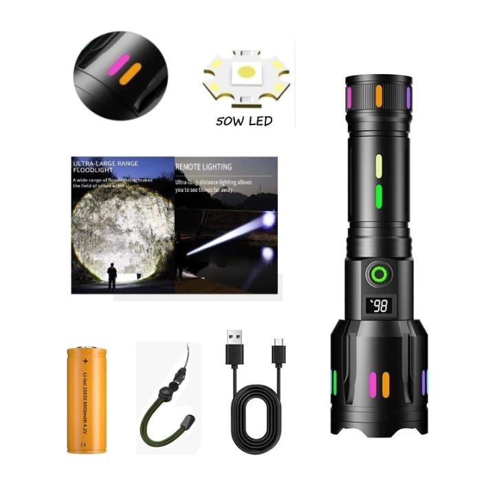 Ps-9885 Profesyonel Zoomlu 50w Şarjlı Powerbank Avcı Polis El Feneri
