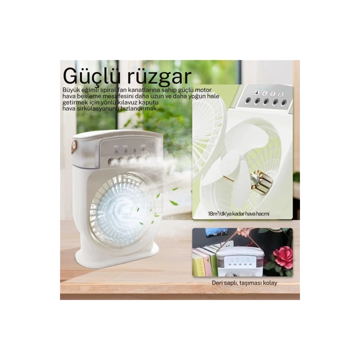 Şarjlı 600 Ml Su Hazneli Taşınabilir Masaüstü Vanilatör Güçlü Fan Ve 2000 Mah Pil Yeşil