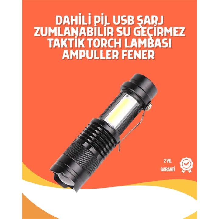 Şarjlı LED El Feneri - 14500 Pil Dahil, 4 Işık Modu, Mini Boy
