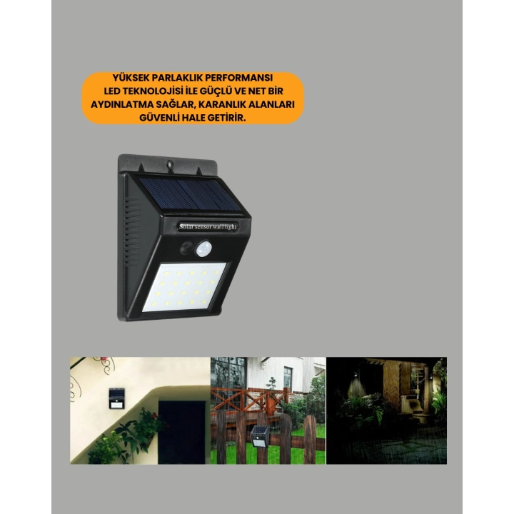 Sensörlü 20 LED Solar Duvar Lambası 3 Metre Algılama Mesafesi