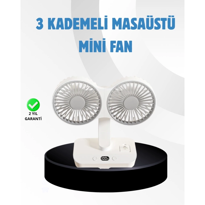 Sessiz Çalışan USB Şarjlı Çift Kafalı Masaüstü Fan – Ev ve Ofis İçin