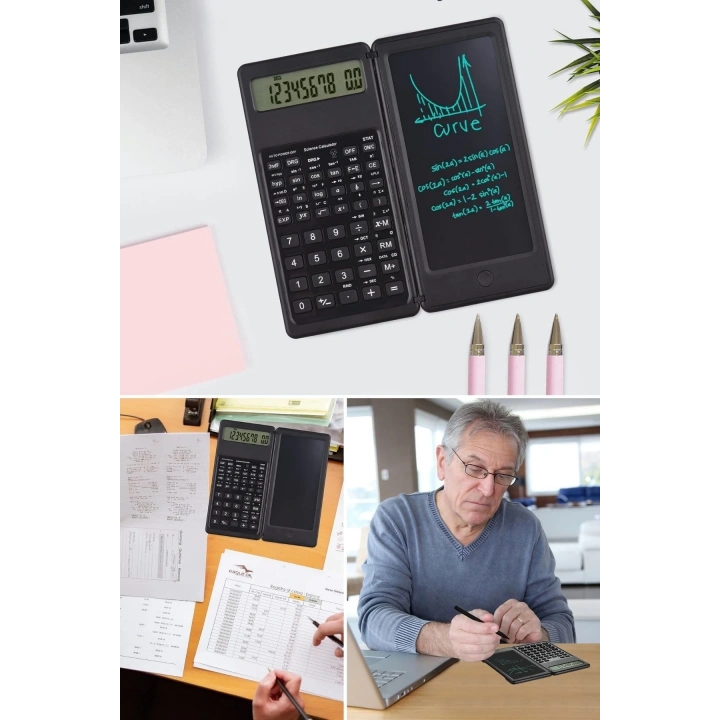 Silinebilir LCD Yazı Tabletli,Kalemli Katlanabilir Bilimsel Hesap Makinesi