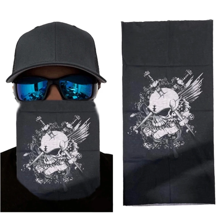 Siyah Renk Üzeri Likralı Beyaz Kafatası Kuru Kafa Baskılı Baf Buff Bandana 25x48 Cm