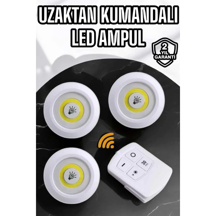 Spot Lamba Led Işık 3lü Uzaktan Kumandalı Pilli Yapışkanlı Kablosuz