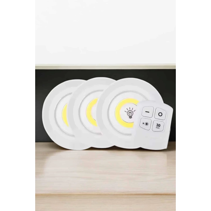 Spot Lamba Led Işık 3lü Uzaktan Kumandalı Pilli Yapışkanlı Kablosuz