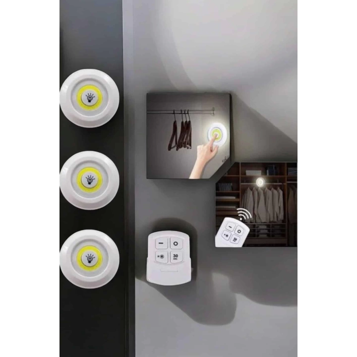Spot Lamba Led Işık 3lü Uzaktan Kumandalı Pilli Yapışkanlı Kablosuz