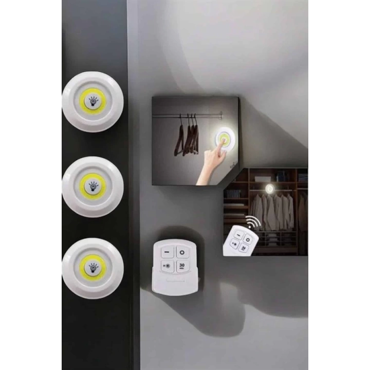 Spot Lamba Led Işık 3lü Uzaktan Kumandalı Pilli Yapışkanlı Kablosuz