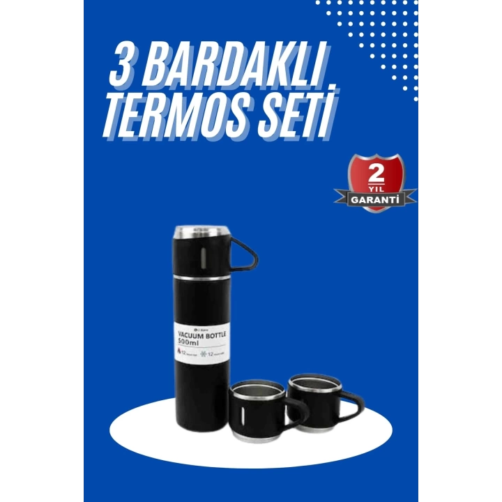 Termos Seti 3lü Bardak Seti Isı Dayanıklı Siyah Paslanmaz Çelik Vakumlu