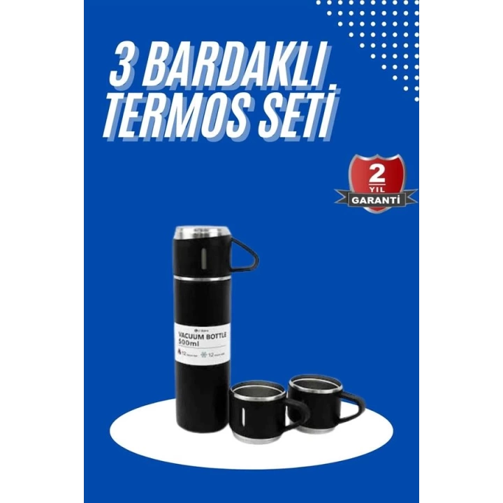 Termos Seti 3lü Bardak Seti Isı Dayanıklı Siyah Paslanmaz Çelik Vakumlu