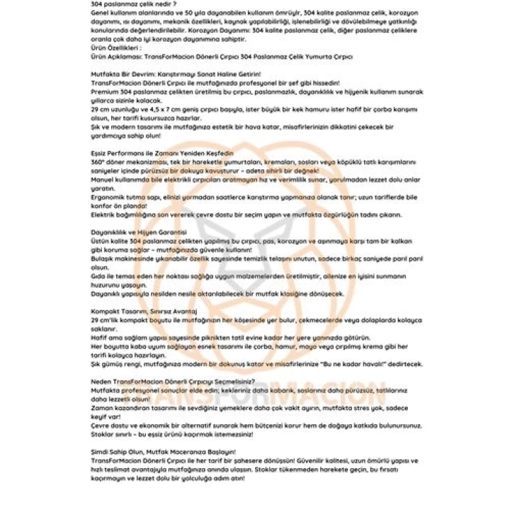 TransForMacion Dönerli Çırpıcı 304 Paslanmaz Çelik Yumurta Çırpıcı