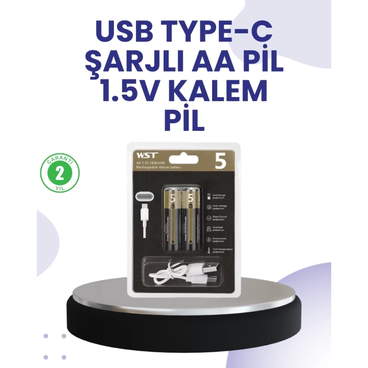 Type-C USB ile Hızlı Şarj Edilebilir AA Kalem Pil | 1.5V Lityum | Çiftli Paket