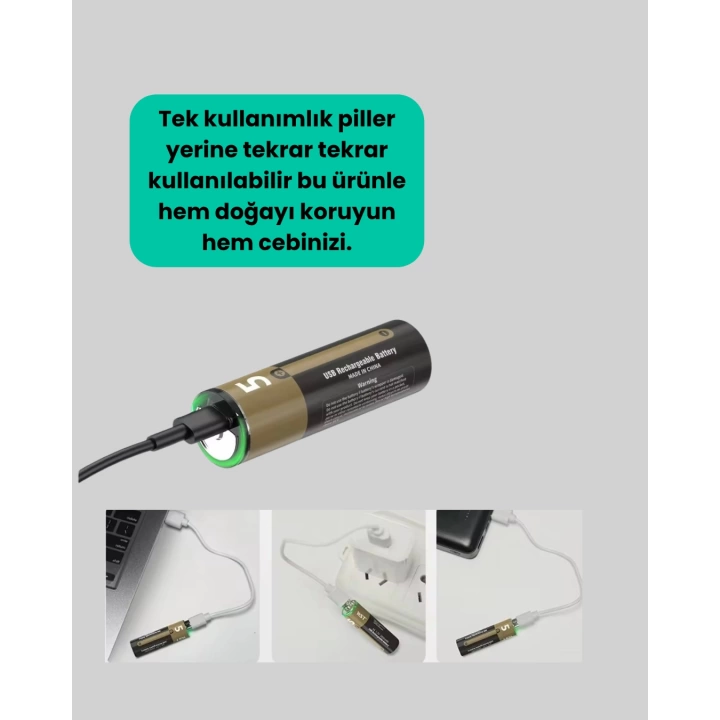 USB Type-C ile Hızlı Şarj Edilebilen AA Lityum Pil