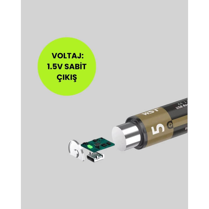 USB Type-C ile Hızlı Şarj Edilebilen AA Lityum Pil
