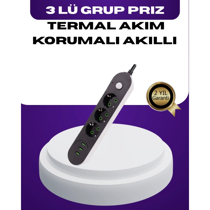 USB Yuvalı Anahtarlı Üçlü Priz 2 Metre Kablolu