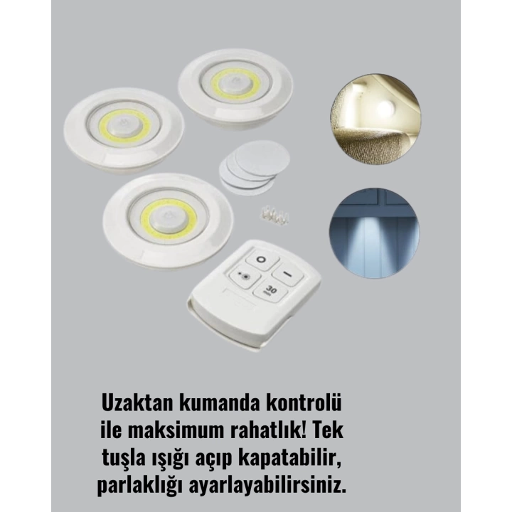 Uzaktan Kumandalı 3 Lü Kablosuz Led Spot Lamba Seti Yapışkanlı Pratik Kullanım