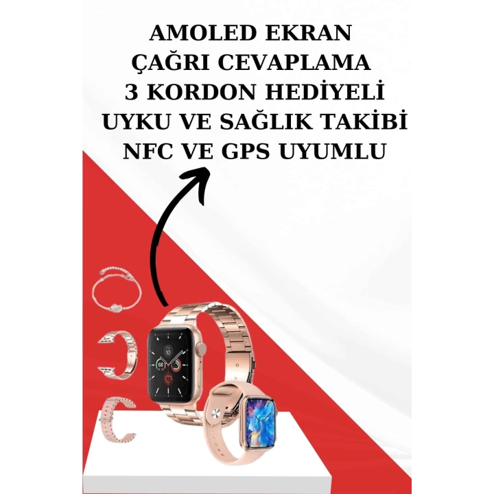 Wireless Şarjlı Pembe Akıllı Saat ve Kablosuz Bluetooth Kulaklık Dokunmatik Kontrol