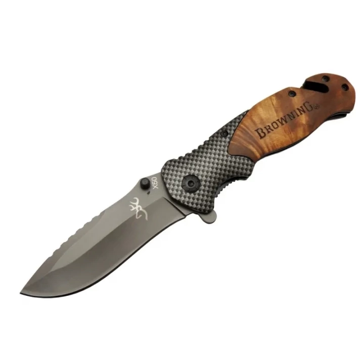 X50 Kahverengi Kurtarma / Kamp Çakısı 20,5cm- Yarı Otomatik, Kemerlikli, Ahşap Sap, Cam Kırma Ve İp Kesme Aparatlı