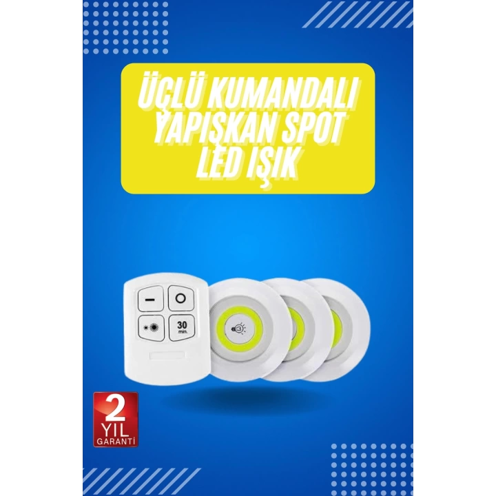 Yapışkanlı 3lü Spot Led Işık Lamba Montajsız Pilli Uzaktan Kumandalı