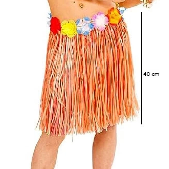 Yetişkin Ve Çocuk Uyumlu Turuncu Renk Püsküllü Hawaii Luau Hula Etek 40 Cm