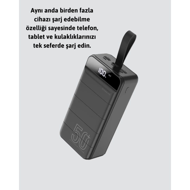 Yüksek Kapasiteli 50.000 mAh Powerbank – Type-C, Lightning ve Micro USB Uyumlu, Çoklu Cihaz Şarj Özellikli