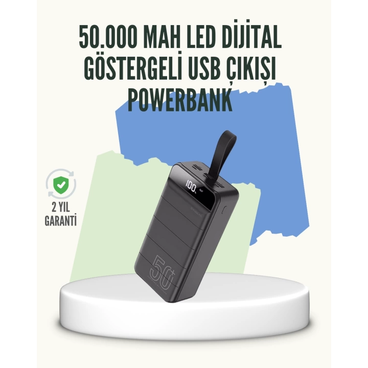 Yüksek Kapasiteli 50.000 mAh Powerbank – Type-C, Lightning ve Micro USB Uyumlu, Çoklu Cihaz Şarj Özellikli
