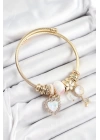BFS 316L Çelik Beyaz Zirkon Taşlı Anahtar Ve Kalp Model Gold Renk Charm Bileklik