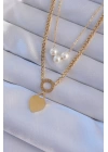 BFS 316L Çelik Gold Renk Çift Zincir İnci Detayı Love Kalp Kolye