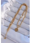 BFS 316L Çelik Gold Renk Çift Zincir İnci Detayı Love Kalp Kolye