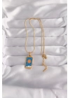 BFS 316L Çelik Gold Renk Mavi Mineli Güneş Model Tarot Kolye