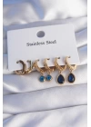BFS 316L Çelik Gold Renk Oval Tasarım Mavi Zirkon Taşlı Damla Model Küpe Seti