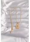 BFS 316L Çelik Gold Renk Pembe Mineli El Figür Tarot Kolye