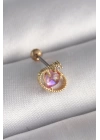 BFS 316L Çelik Gold Renk Pembe Mineli Kalp Zirkon Taş Detay Tragus Piercing
