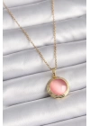 BFS 316L Çelik Gold Renk Pembe Sedefli Daire Model Kadın Kolye
