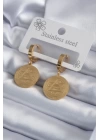 BFS 316L Çelik Gold Renk Pentagram İşleme Model Kadın Küpe