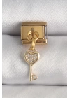 BFS 316L Çelik Gold Renk Sallantı Zirkon Taşlı Kalpli Anahtar Model Nomination Charm