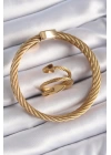 BFS 316L Çelik Gold Renk Sarmal Model Erkek Bileklik Yüzük Kombini
