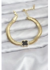 BFS 316L Çelik Gold Renk Siyah Yonca Model Zirkon Taşlı Yılan Zincirli Kadın Bileklik