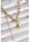 BFS 316L Çelik Gold Renk Tiffany Zincir Model Kilit Figür Sallantı İnci Detay Kadın Kolye
