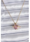 BFS 316L Çelik Gold Renk Zincir Pembe Kristal Kalp Model Zirkon Taş Detay Kadın Kolye