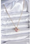 BFS 316L Çelik Gold Renk Zincir Pembe Kristal Kalp Model Zirkon Taş Detay Kadın Kolye