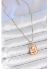 BFS 316L Çelik Gold Renk Zincir Pembe Mineli İncli Papatya Model Portre Model Kadın Kolye
