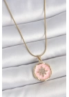 BFS 316L Çelik Gold Renk Zincir Pembe Mineli Zirkon Taşlı Kuzey Yıldız İşlemeli Madalyon Model Kadın Kolye