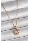 BFS 316L Çelik Gold Renk Zincir Pembe Zirkon Taşlı Kalp Model Kadın Kolye