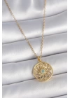 BFS 316L Çelik Gold Renk Zincr Mavi Taşlı Lotus Model Kadın Kolye