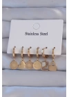 BFS 316L Çelik Gold Renk Zirkon Taşlı Çiçek Figürlü Kalp Model Halka Küpe Seti