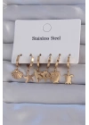 BFS 316L Çelik Gold Renk Zirkon Taşlı Hayvan Figürlü Deniz Yıldızı Model Halka Küpe Seti